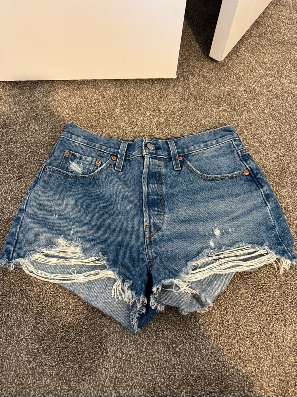 Levi's Distressed Medium Blue High-Rise Denim Cutoff Shorts